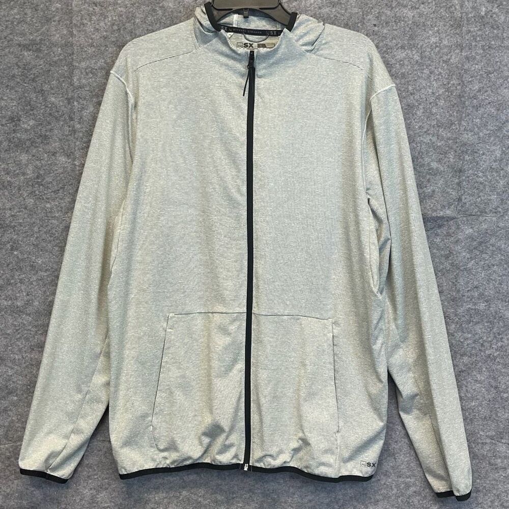 Msx By MICHAEL STRAHAN Jacket Men's Large Light Gray Pinstriped Full Zip Hooded